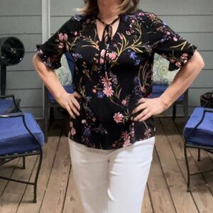 CeCe Jersey Top, Floral Print on Black Background, Size M